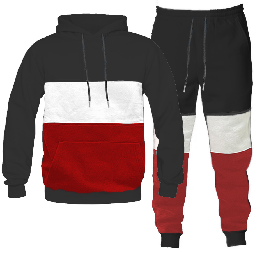 A stylish Color Block Hoodie and Jogger Sweat Pant Set displayed on a mannequin, featuring an adjustable drawstring hood and elastic ribbed cuffs.