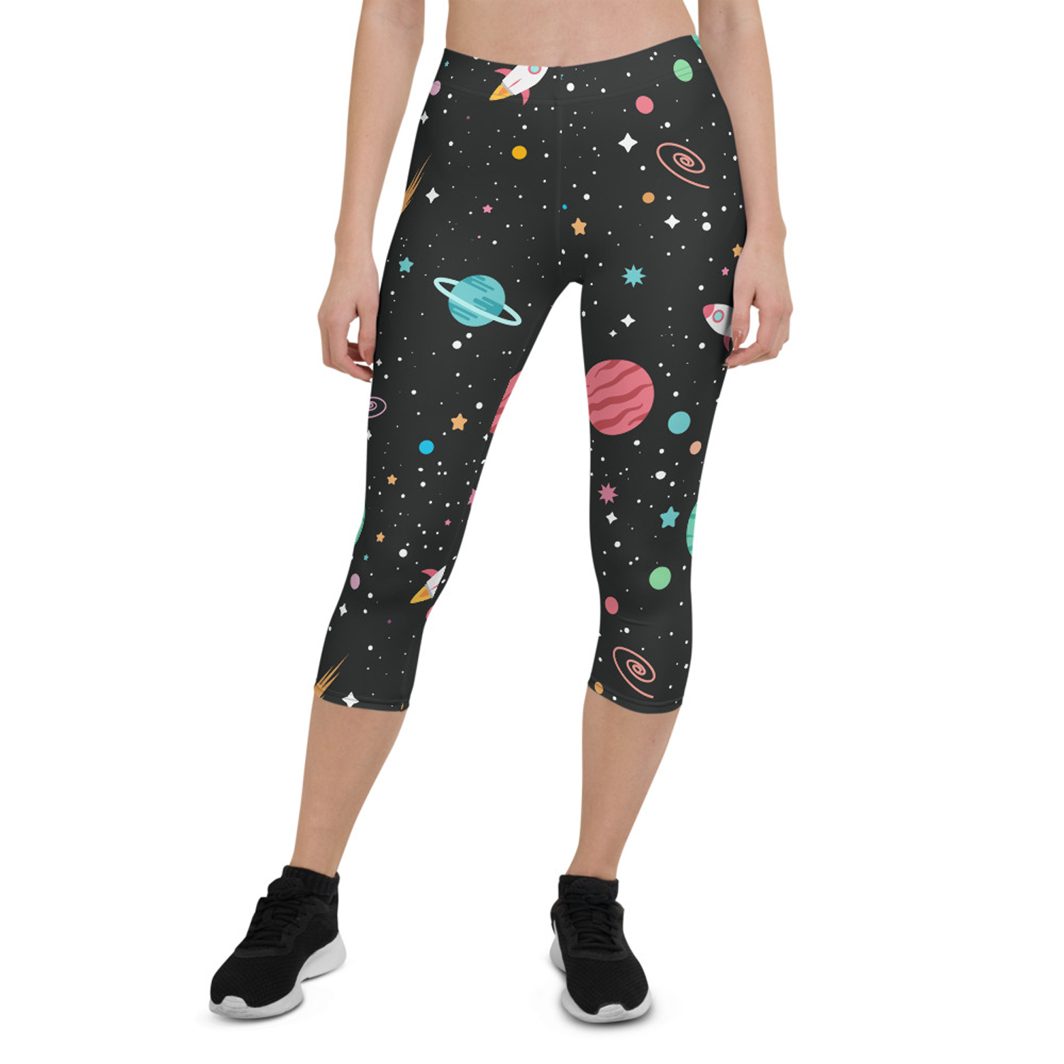 Galaxy Capri Leggings for Women featuring colorful graphic designs and a comfortable fit, perfect for workouts and casual wear.