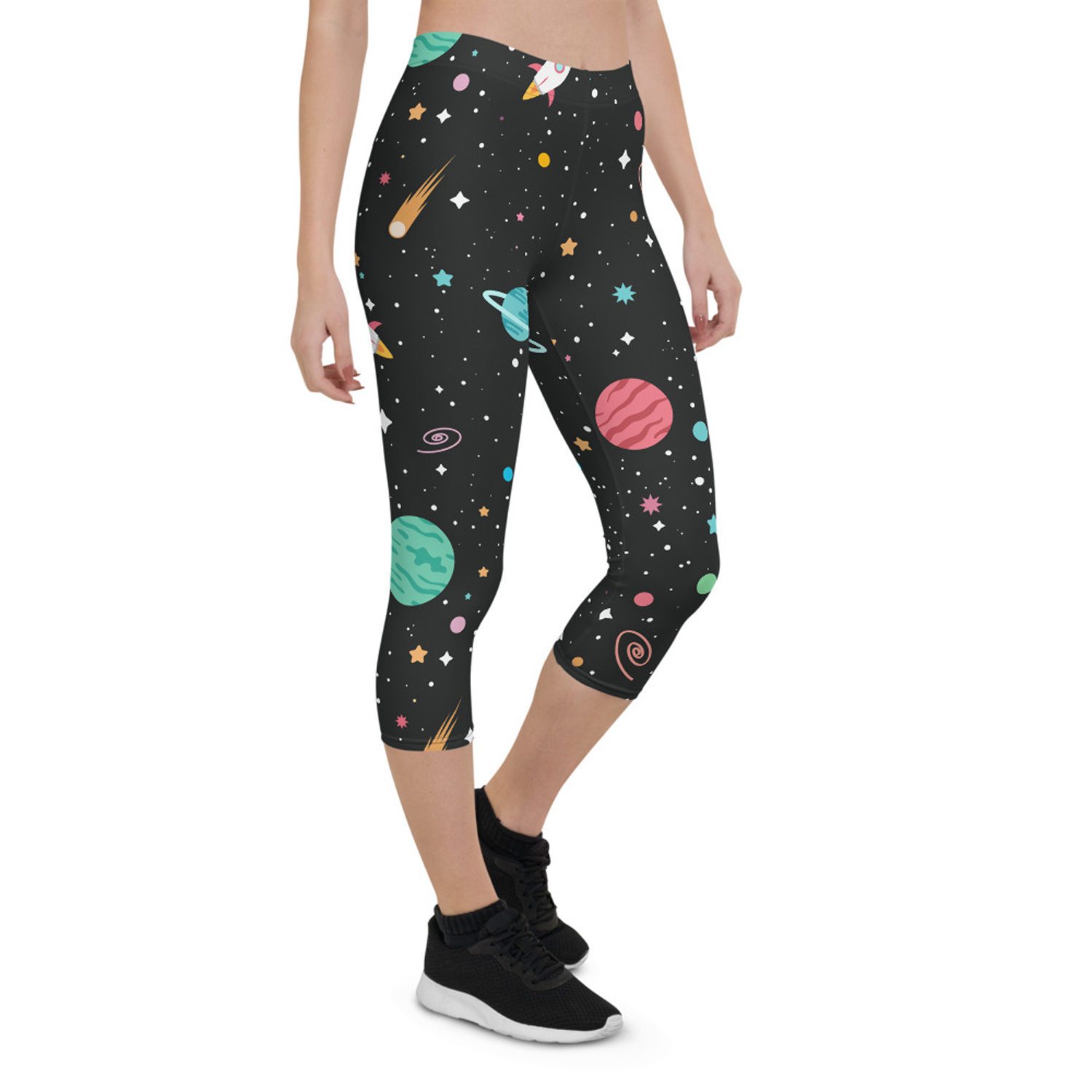 Galaxy Capri Leggings for Women featuring colorful graphic designs and a comfortable fit, perfect for workouts and casual wear.