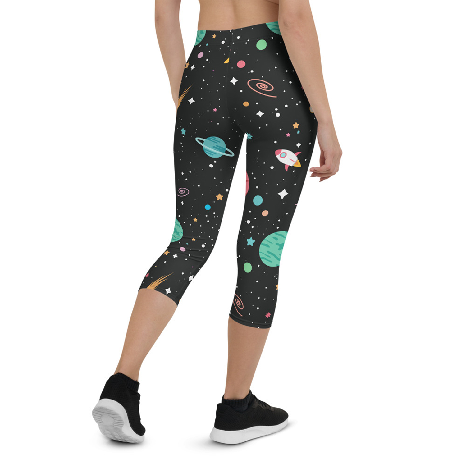 Galaxy Capri Leggings for Women featuring colorful graphic designs and a comfortable fit, perfect for workouts and casual wear.