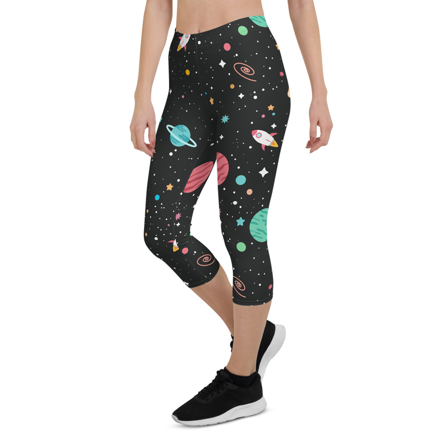 Galaxy Capri Leggings for Women featuring colorful graphic designs and a comfortable fit, perfect for workouts and casual wear.