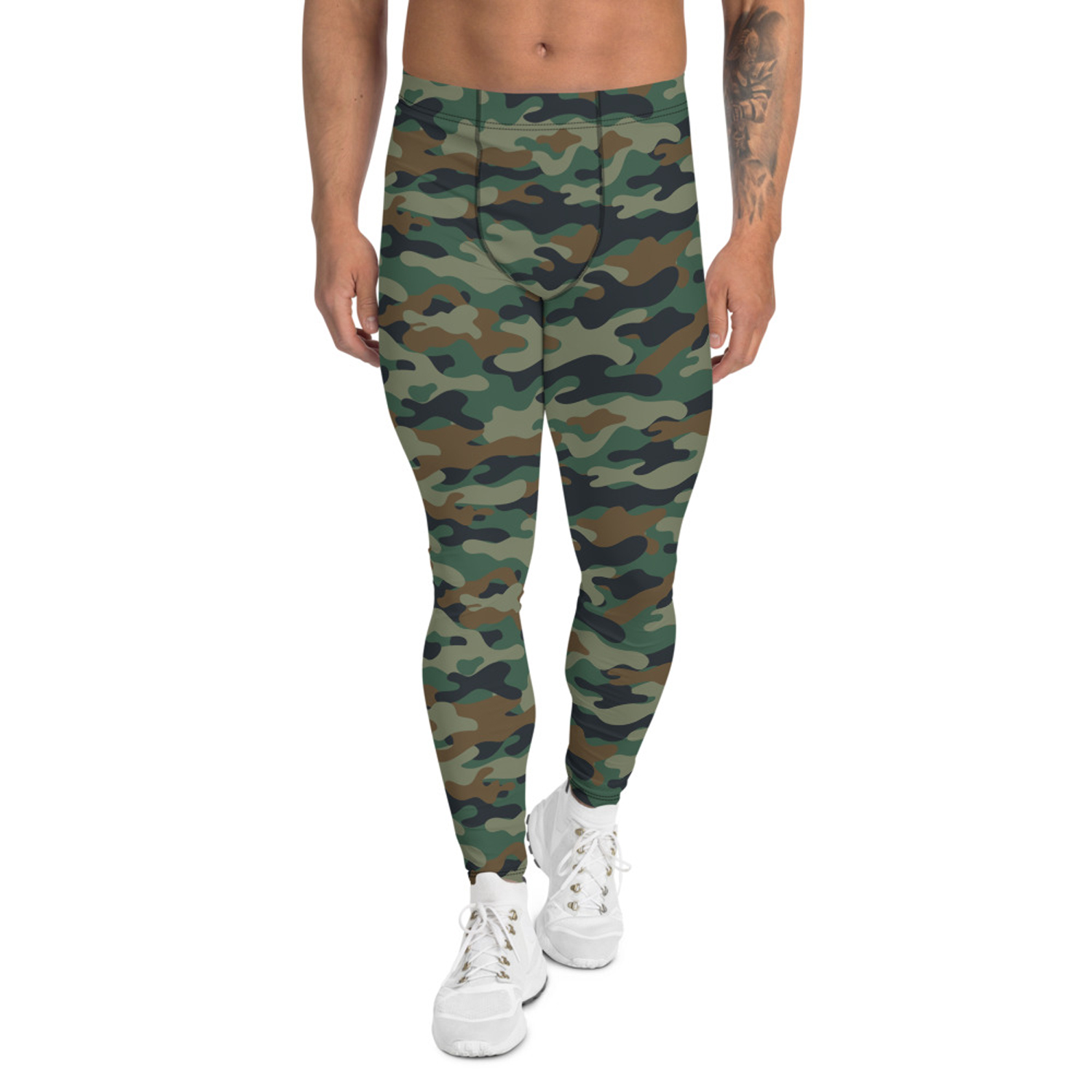 Men's green camo leggings showcasing a fitted design, perfect for activewear and outdoor activities.