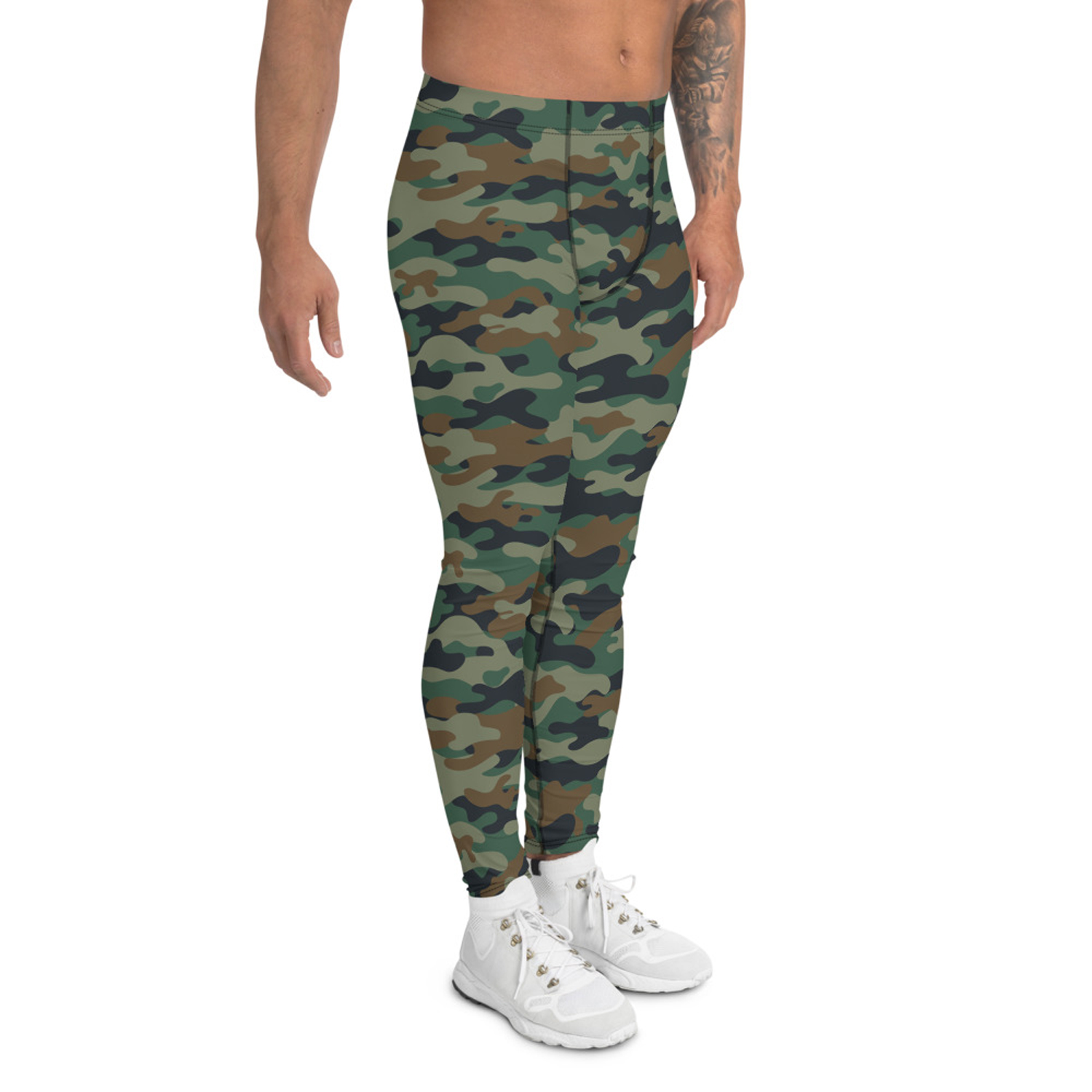 Men's green camo leggings showcasing a fitted design, perfect for activewear and outdoor activities.