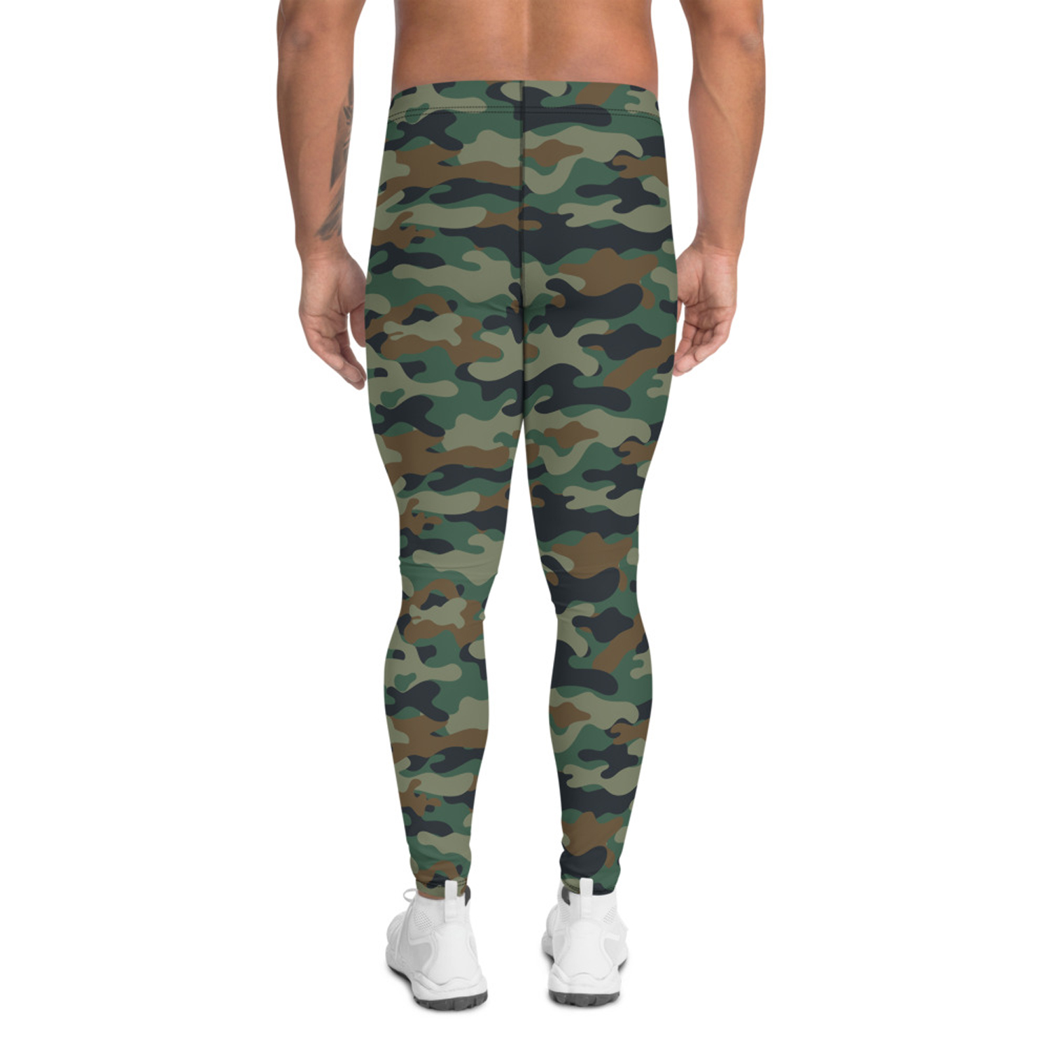 Men's green camo leggings showcasing a fitted design, perfect for activewear and outdoor activities.