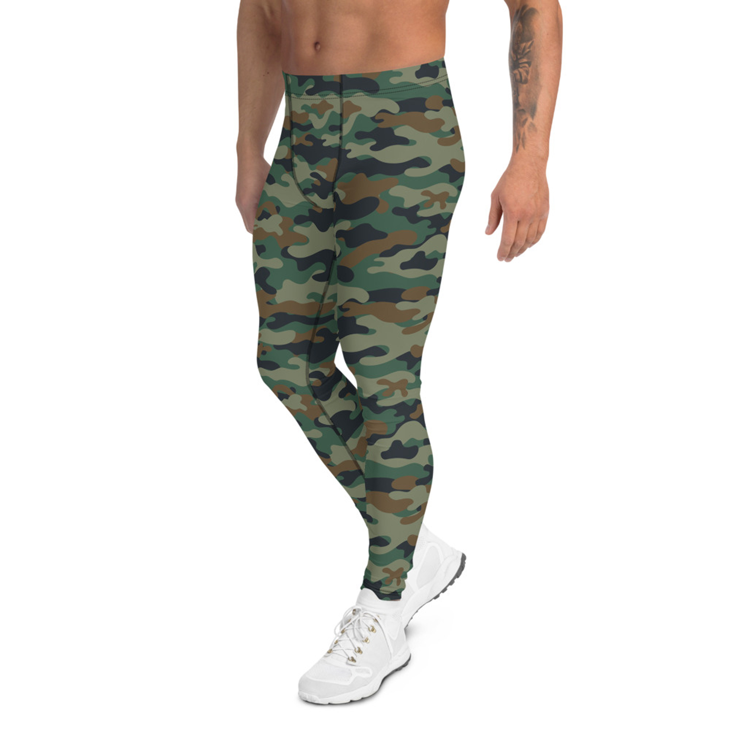 Men's green camo leggings showcasing a fitted design, perfect for activewear and outdoor activities.