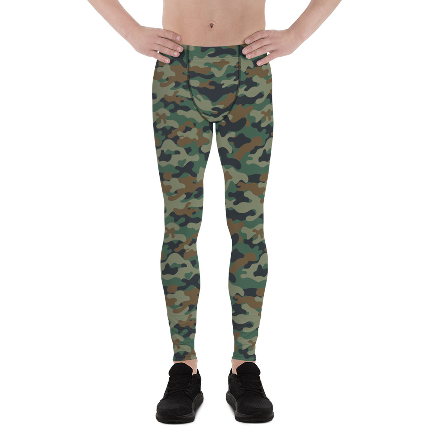 Men's green camo leggings showcasing a fitted design, perfect for activewear and outdoor activities.