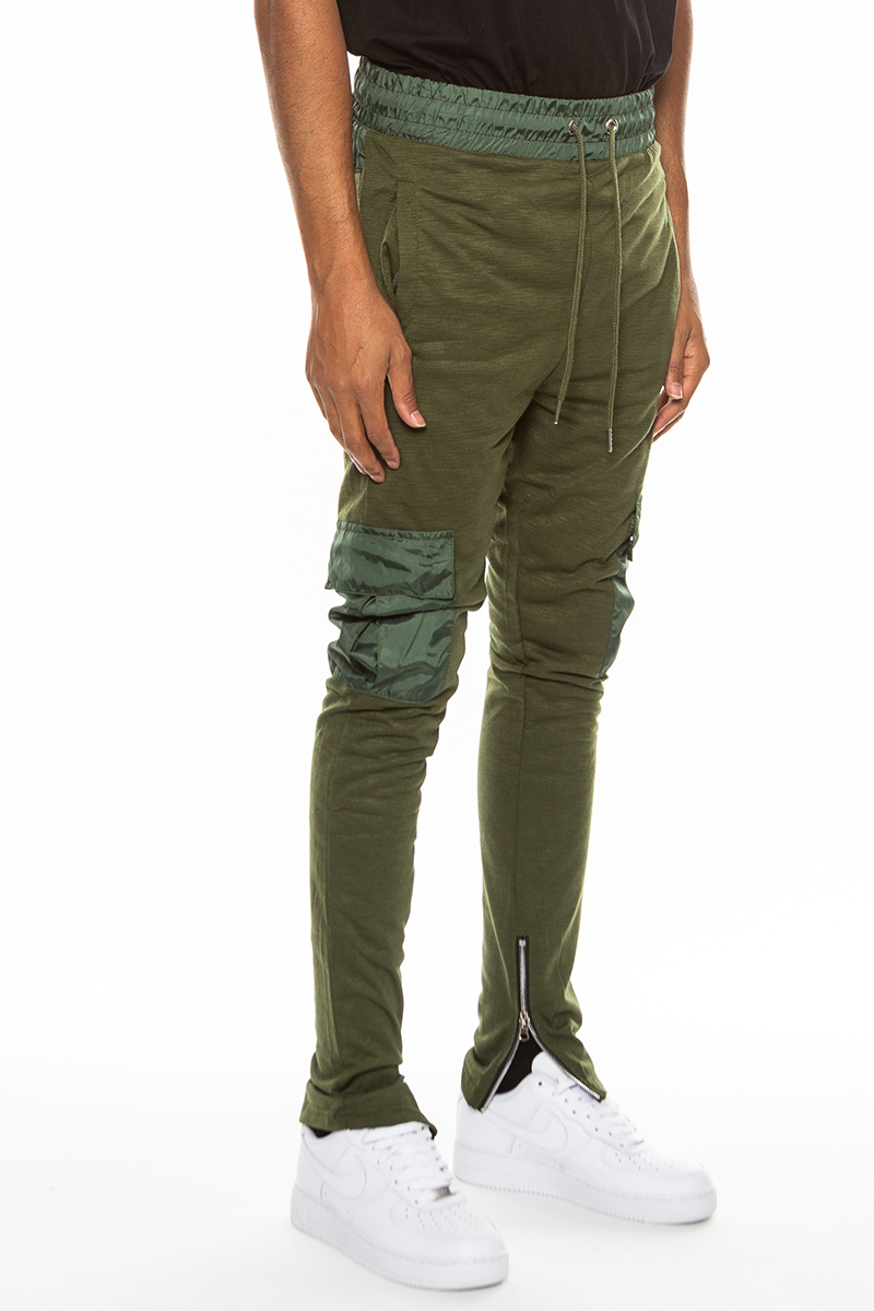 Heathered Cotton Blend Joggers featuring elastic waist and cargo pockets, perfect for casual wear.