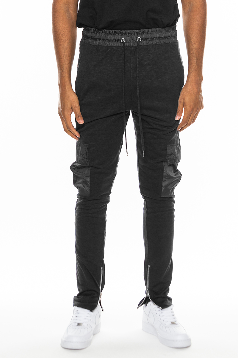 Heathered Cotton Blend Joggers featuring elastic waist and cargo pockets, perfect for casual wear.