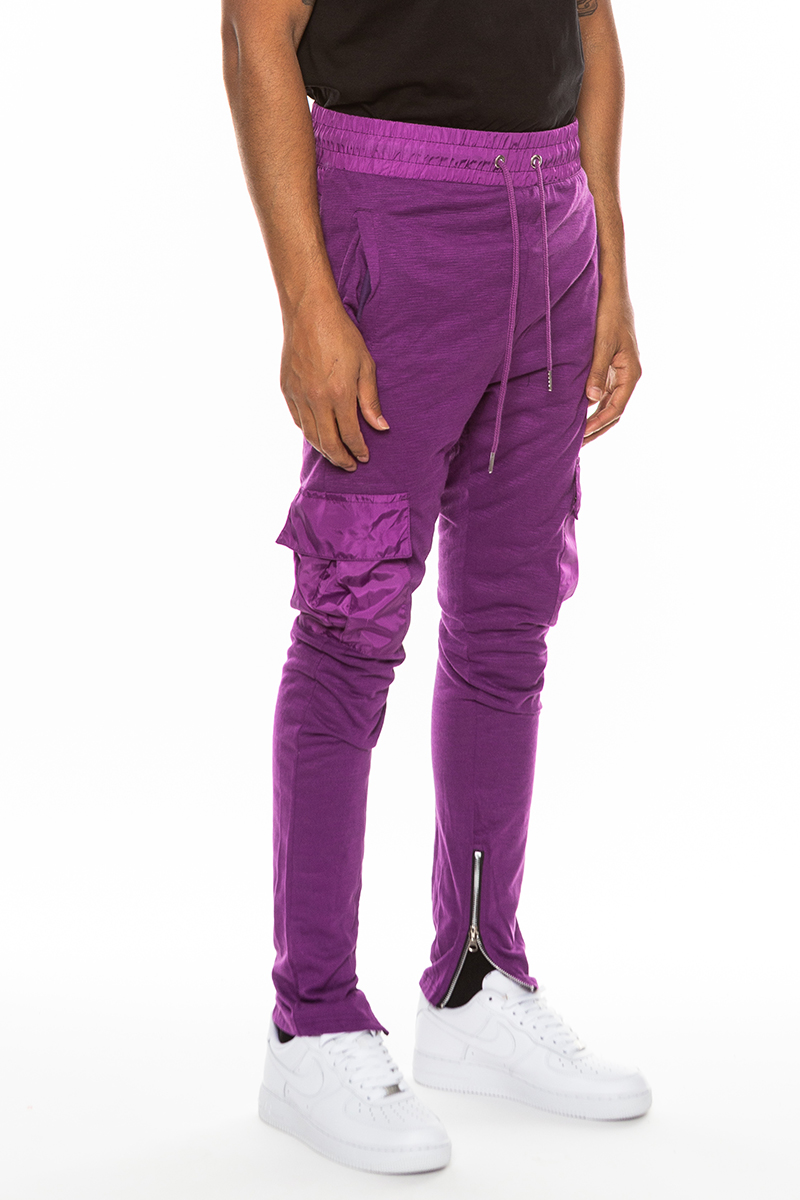 Heathered Cotton Blend Joggers featuring elastic waist, drawstring, and cargo snap pocket in a stylish design.