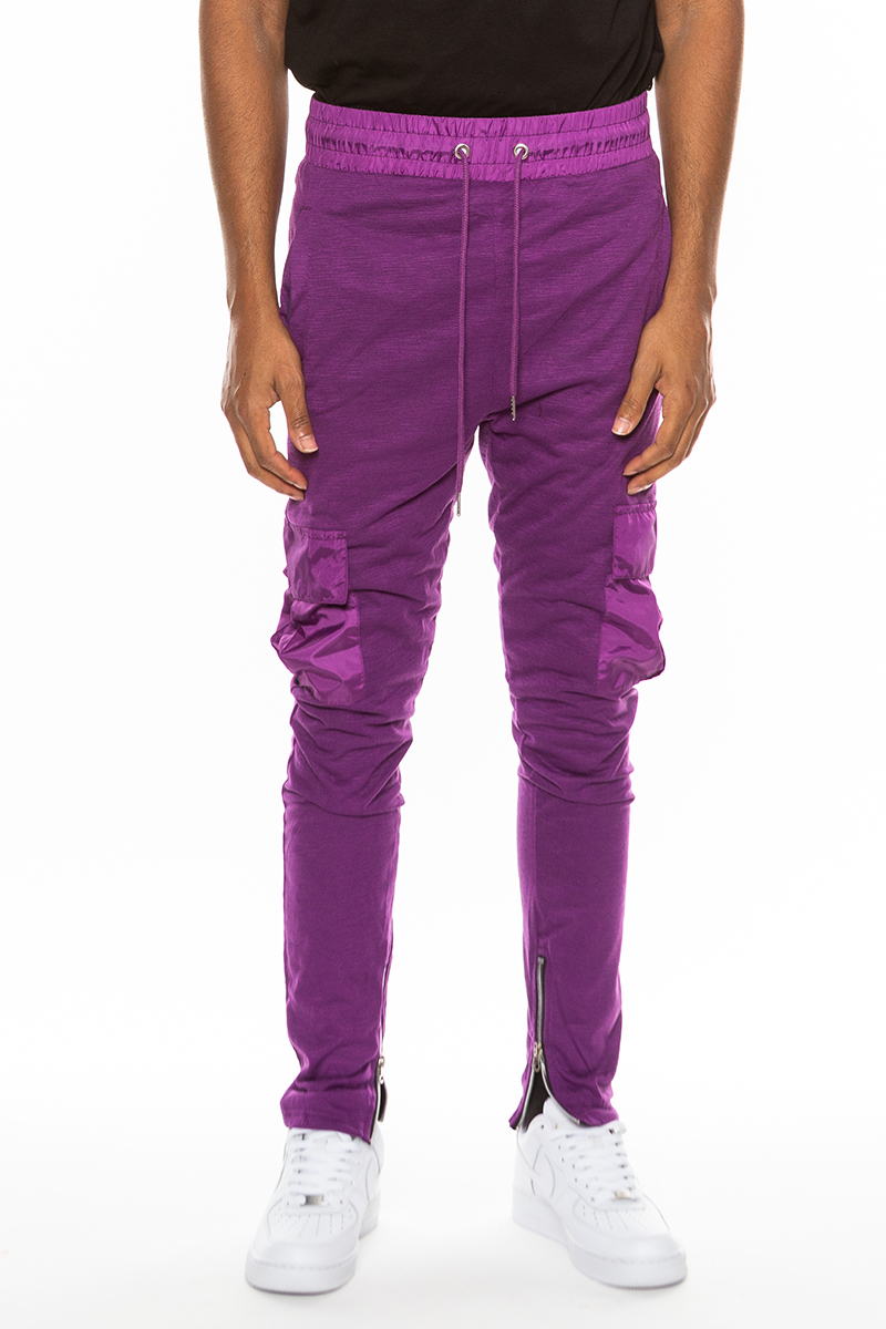 Heathered Cotton Blend Joggers featuring elastic waist, drawstring, and cargo snap pocket in a stylish design.