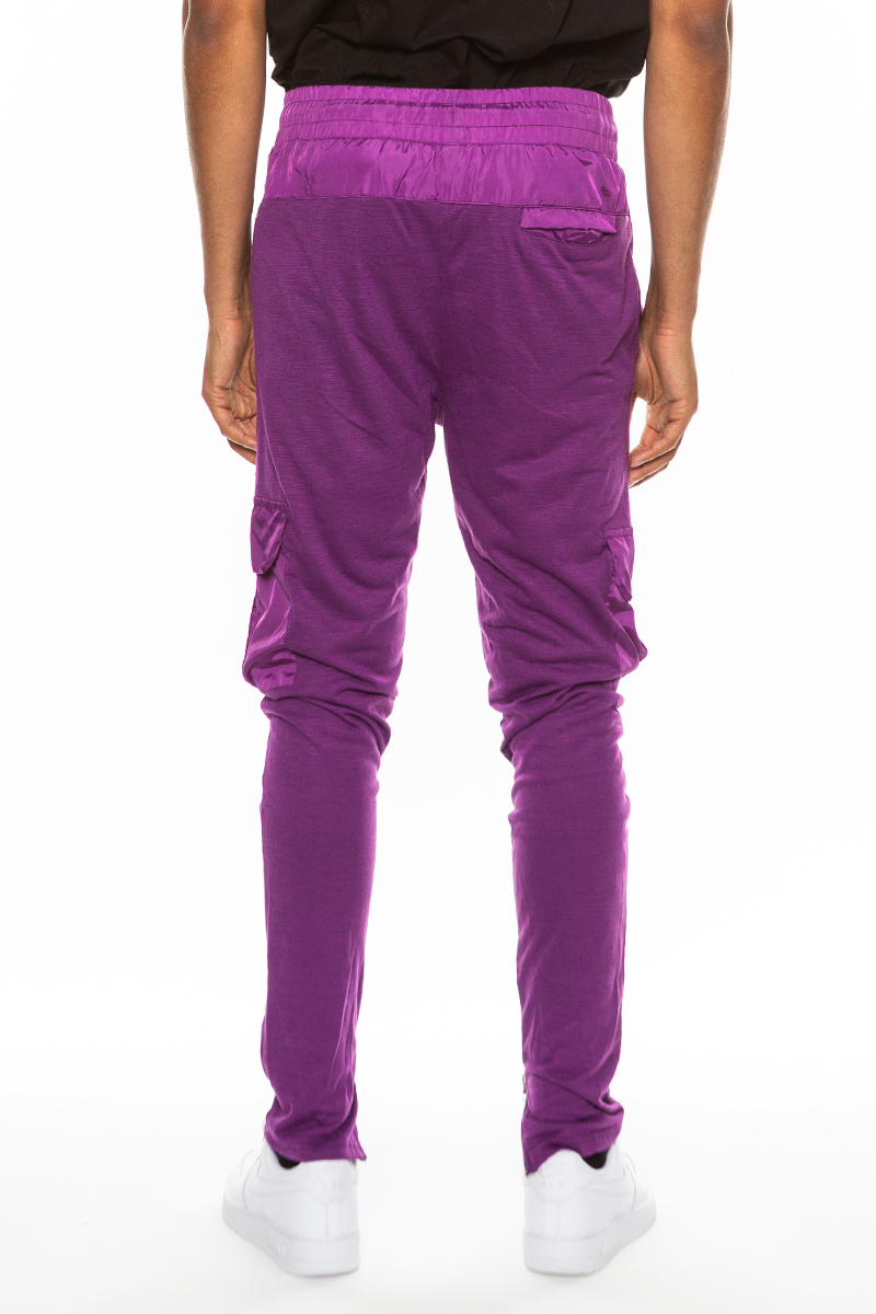 Heathered Cotton Blend Joggers featuring elastic waist, drawstring, and cargo snap pocket in a stylish design.