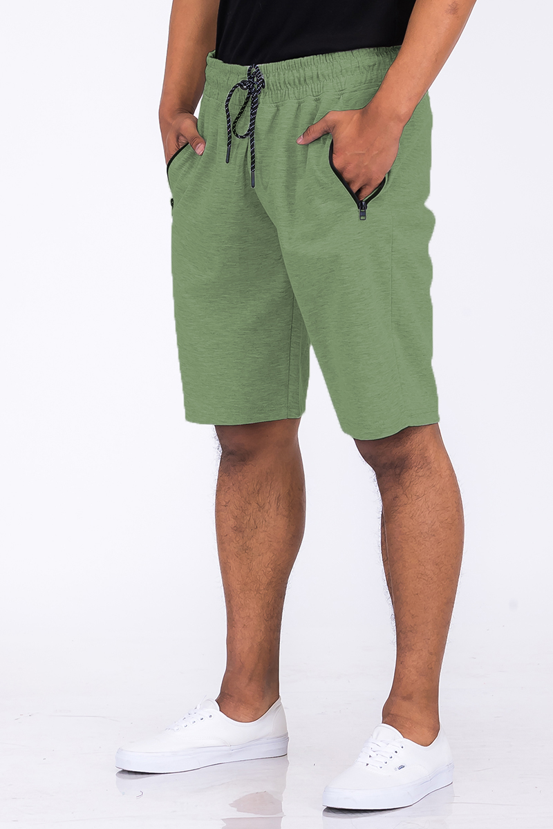 Heathered cotton shorts featuring an elastic waist and zipper pocket, perfect for casual wear.