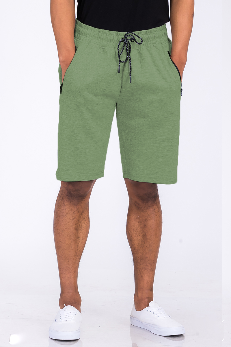 Heathered cotton shorts featuring an elastic waist and zipper pocket, perfect for casual wear.