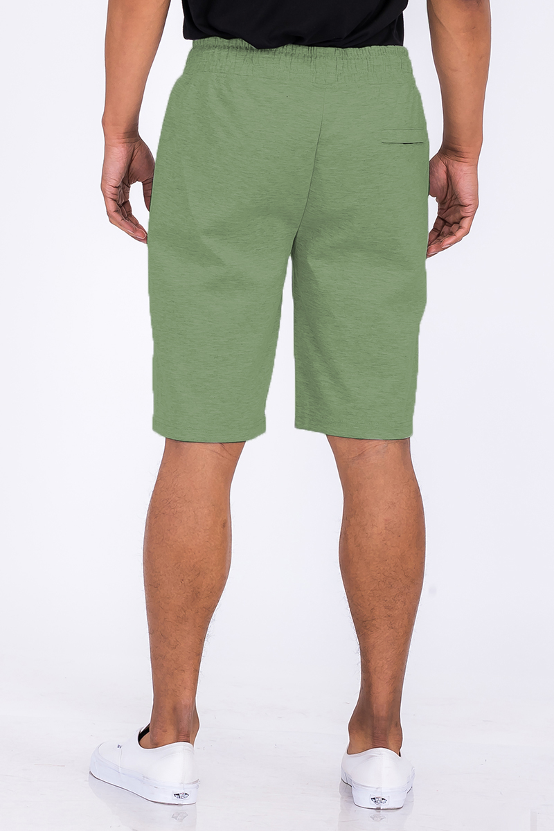 Heathered cotton shorts featuring an elastic waist and zipper pocket, perfect for casual wear.