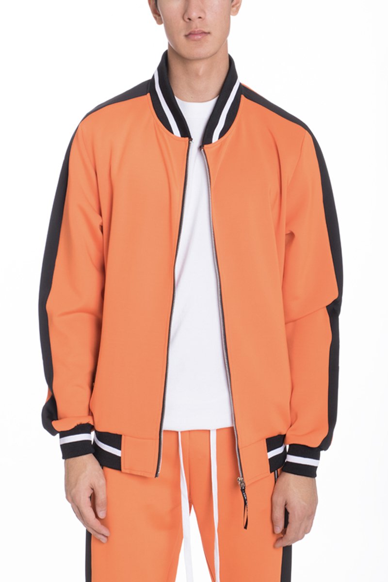 Heavy Weight Solid Track Jacket featuring ribbed waist, cuff, and collar with contrast colored stripe sides, designed for comfort and style.