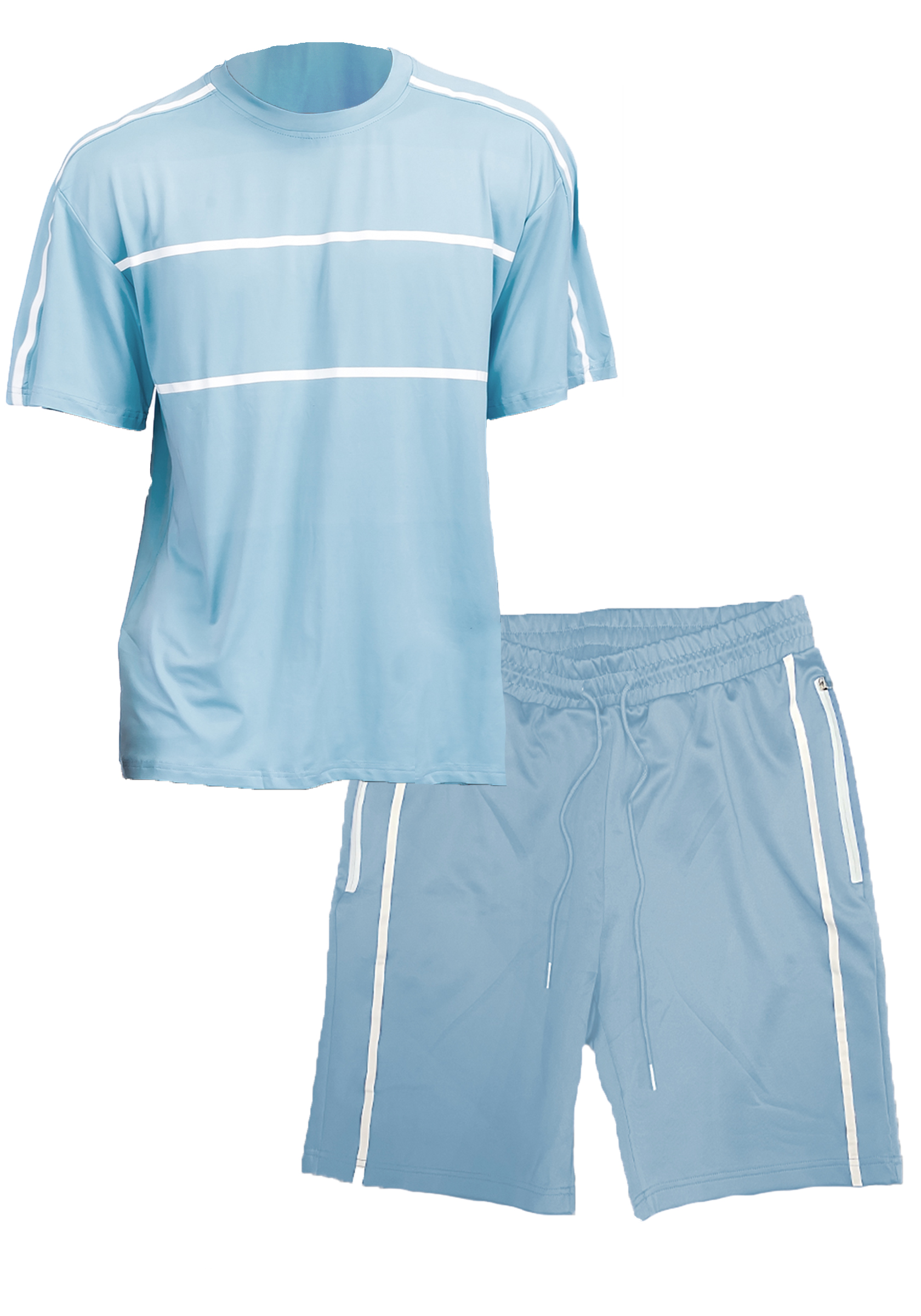 Jordan T-shirt and short set featuring a round neck T-shirt and elastic waist shorts with solid tape design.