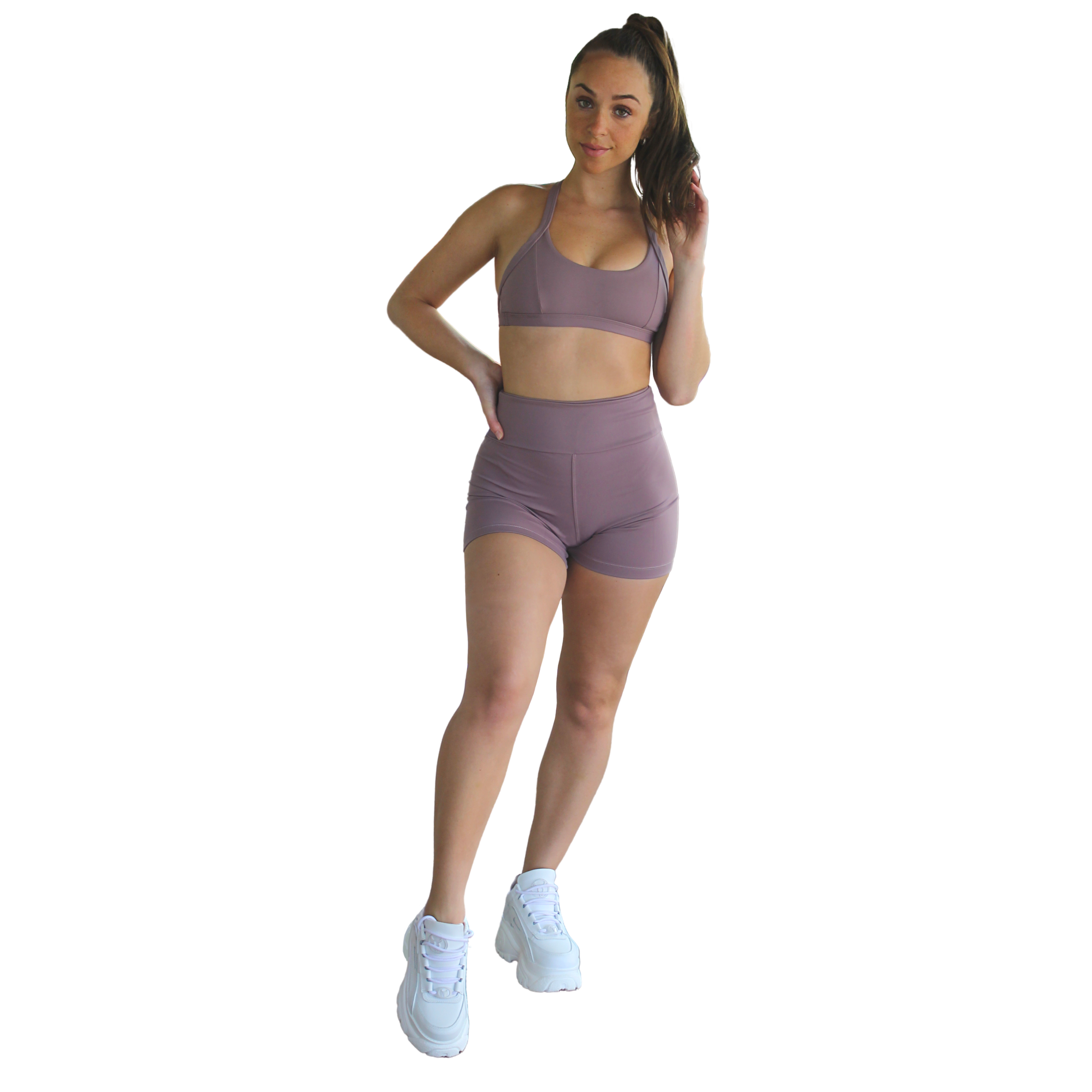 Kali Seamless High Rise Yoga Shorts in Plum, featuring a high waist, soft eco-friendly lycra, and an inside pocket for convenience.