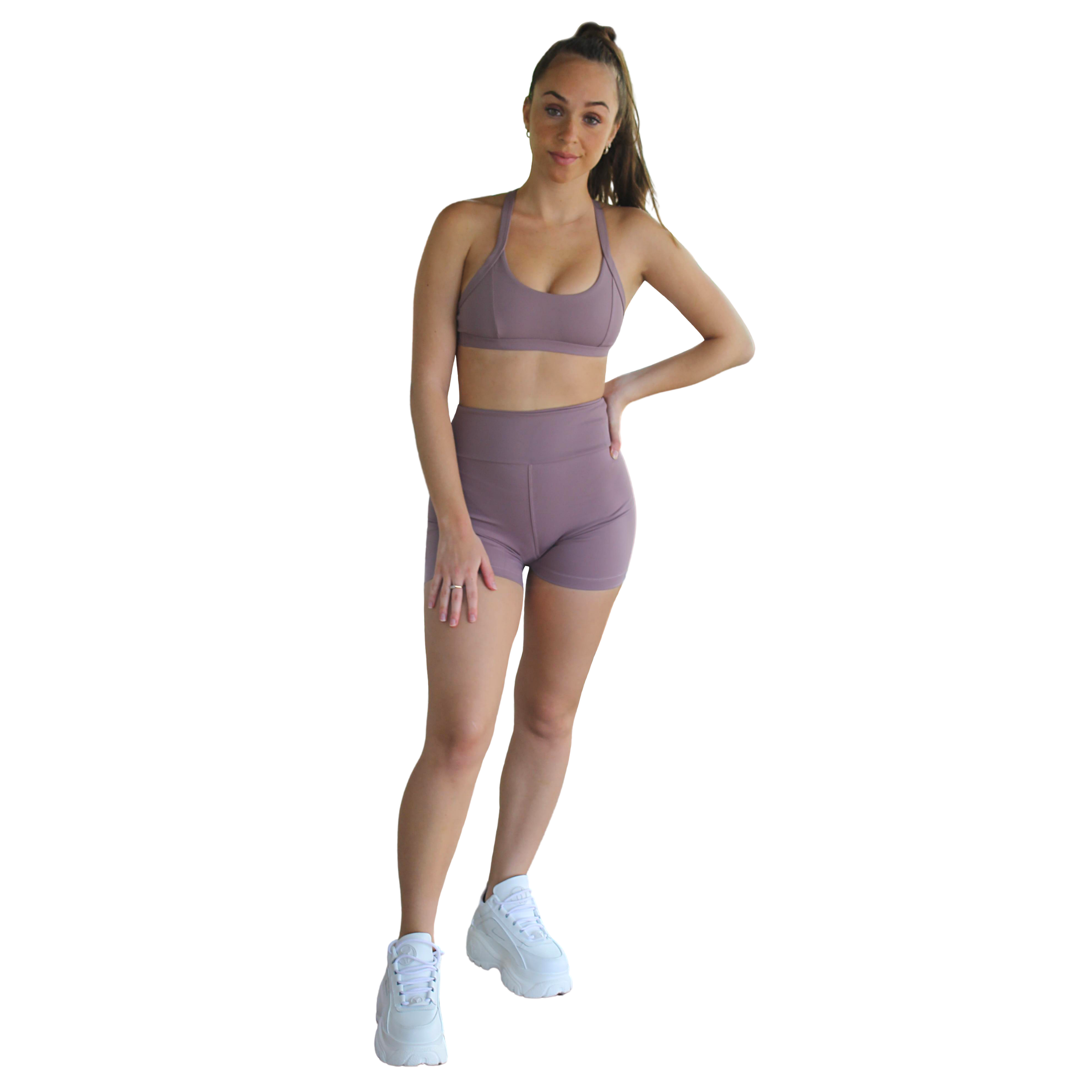 Kali Seamless High Rise Yoga Shorts in Plum, featuring a high waist, soft eco-friendly lycra, and an inside pocket for convenience.