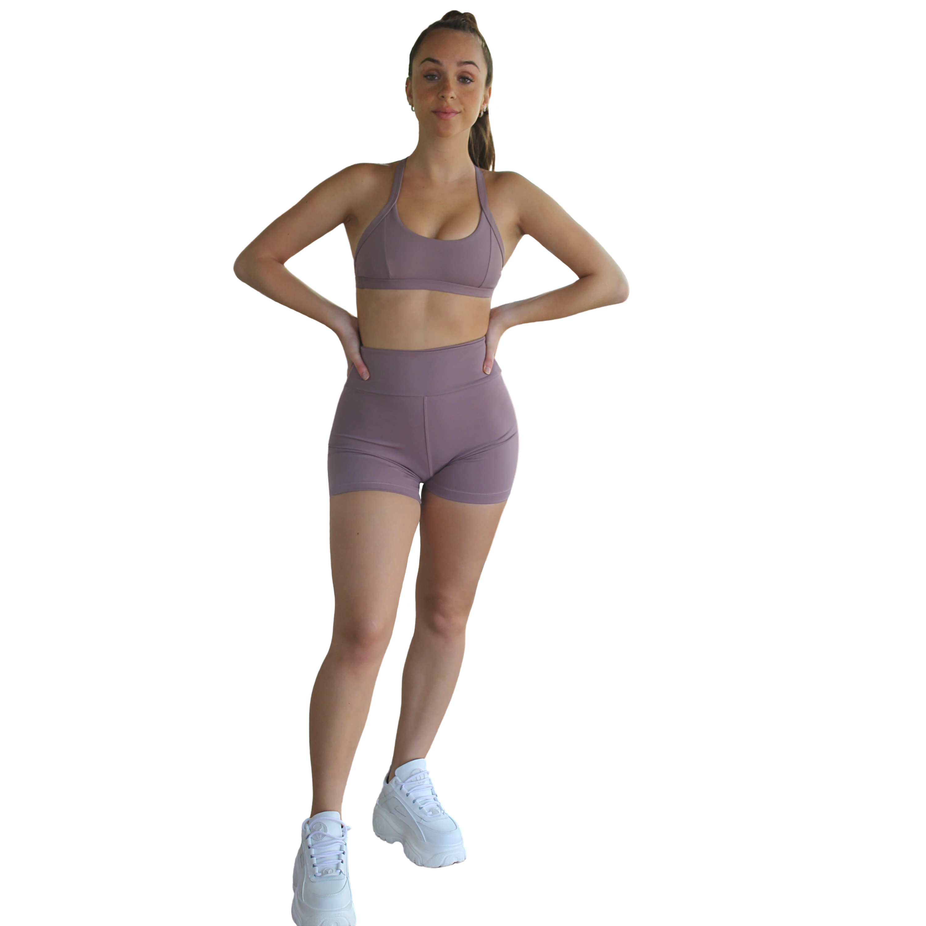 Kali Seamless High Rise Yoga Shorts in Plum, featuring a high waist, soft eco-friendly lycra, and an inside pocket for convenience.