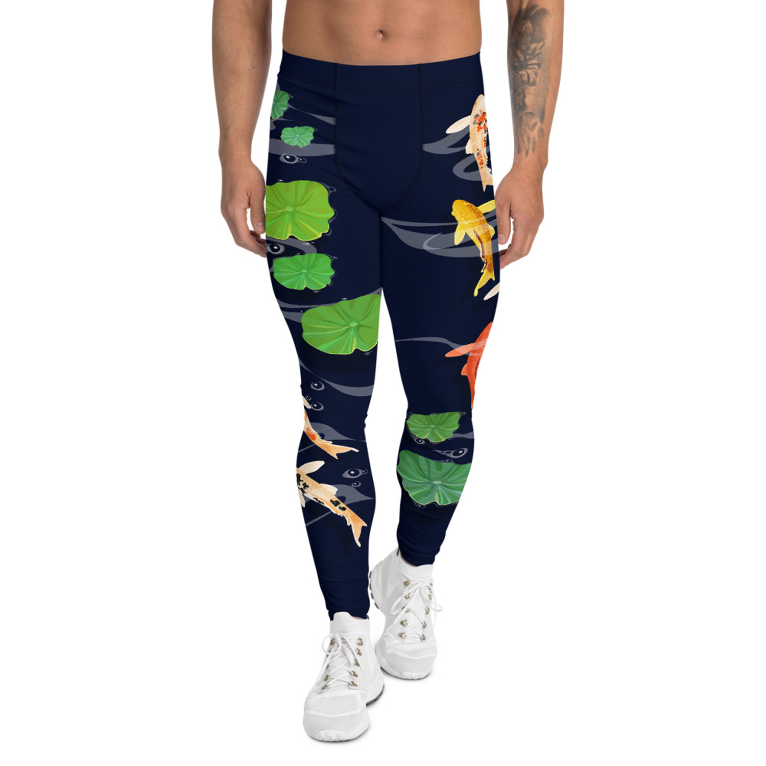 A pair of Koi Fish Leggings for Men featuring vibrant koi fish designs, made from a high-performance fabric blend, ideal for various activities.