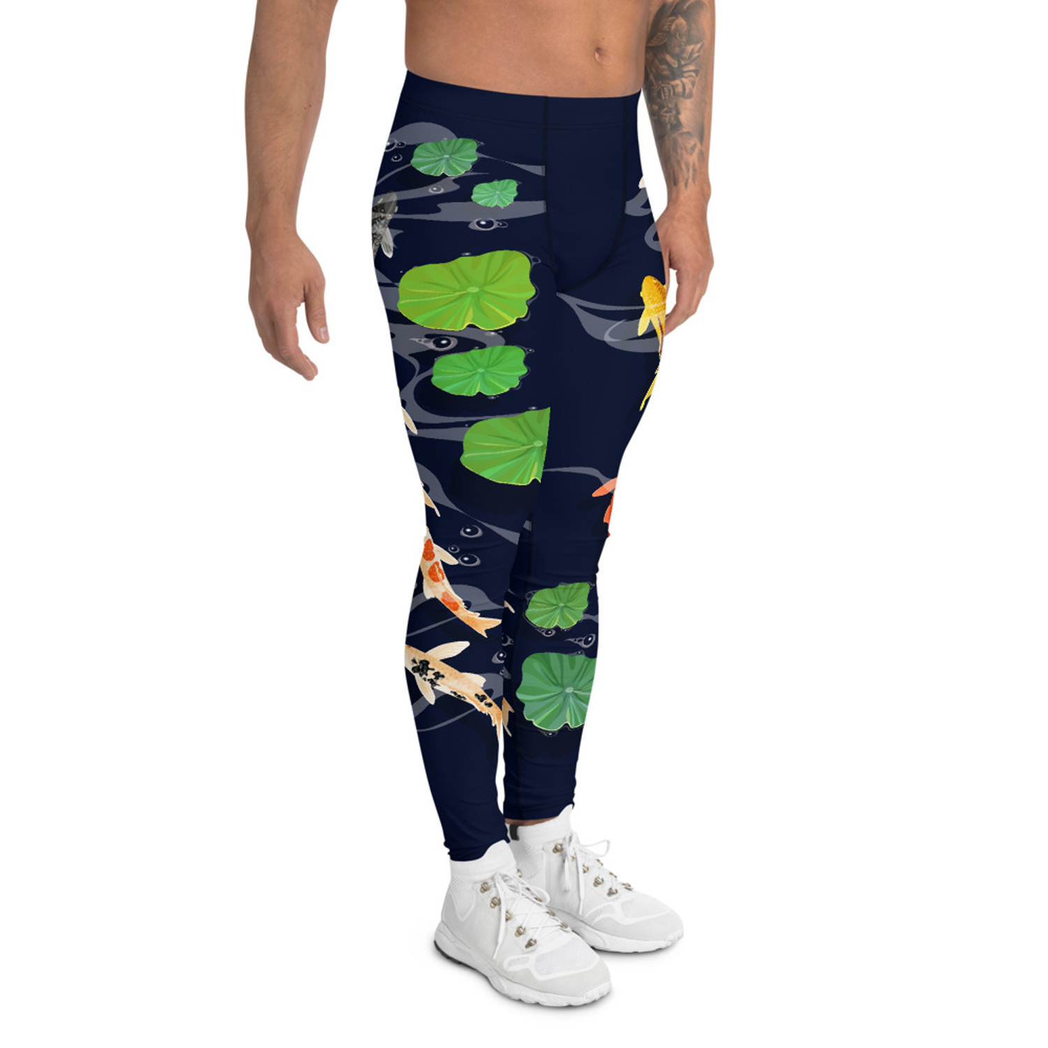 A pair of Koi Fish Leggings for Men featuring vibrant koi fish designs, made from a high-performance fabric blend, ideal for various activities.