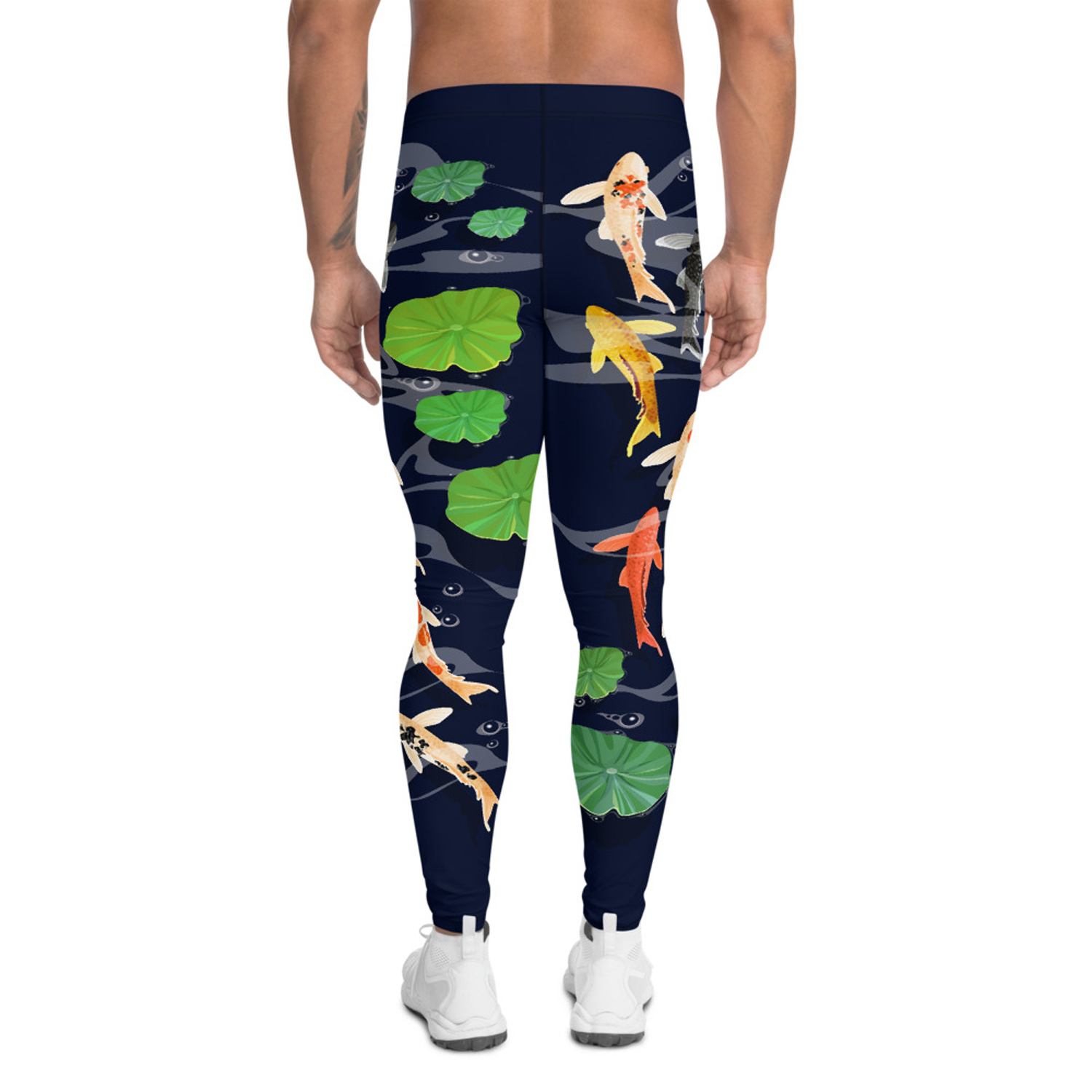 A pair of Koi Fish Leggings for Men featuring vibrant koi fish designs, made from a high-performance fabric blend, ideal for various activities.