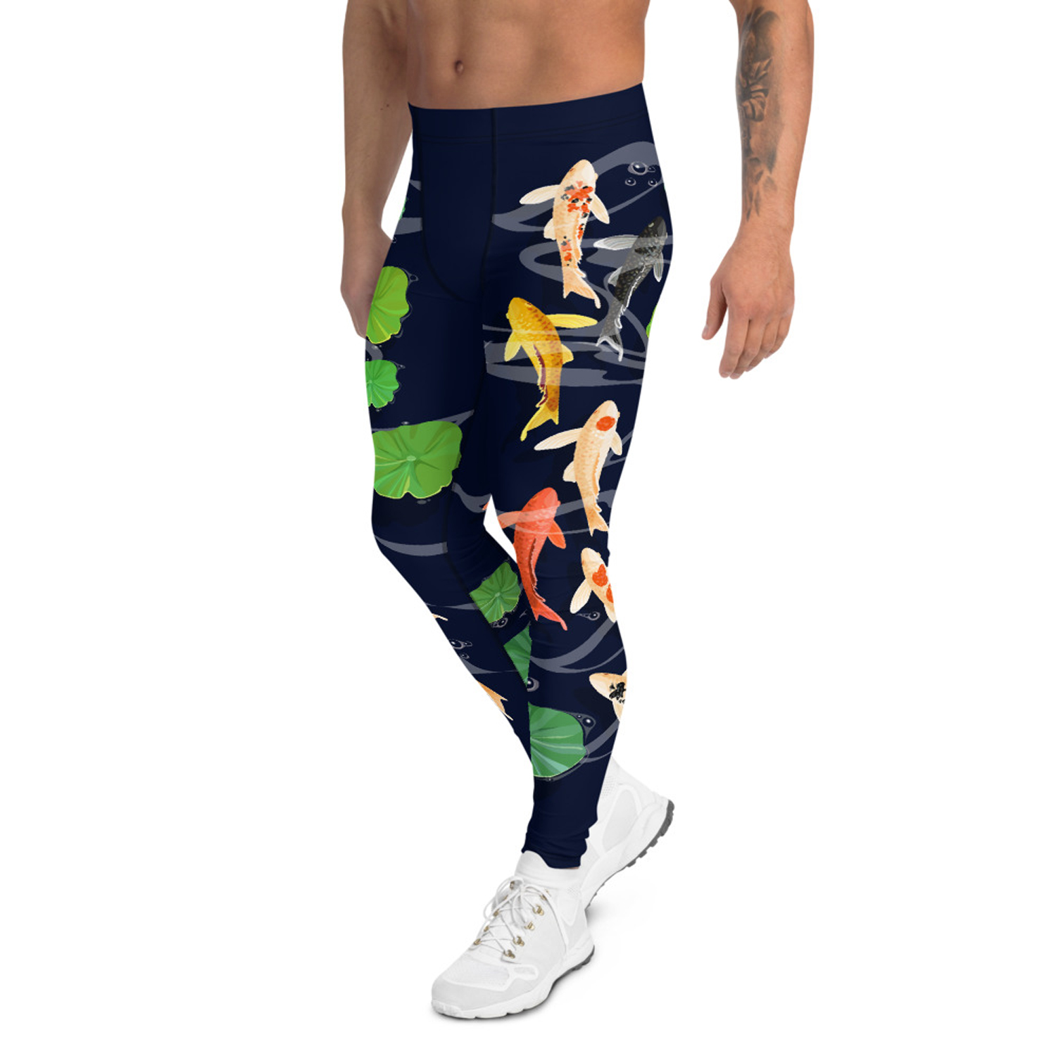 A pair of Koi Fish Leggings for Men featuring vibrant koi fish designs, made from a high-performance fabric blend, ideal for various activities.