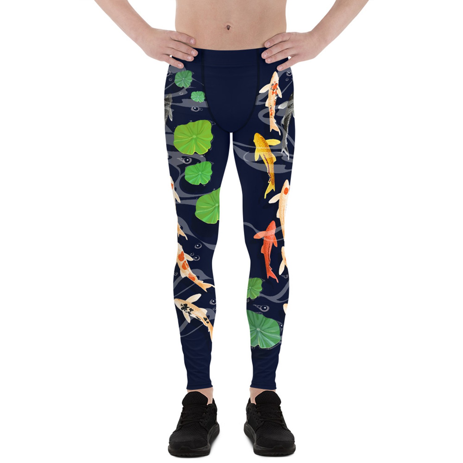 A pair of Koi Fish Leggings for Men featuring vibrant koi fish designs, made from a high-performance fabric blend, ideal for various activities.