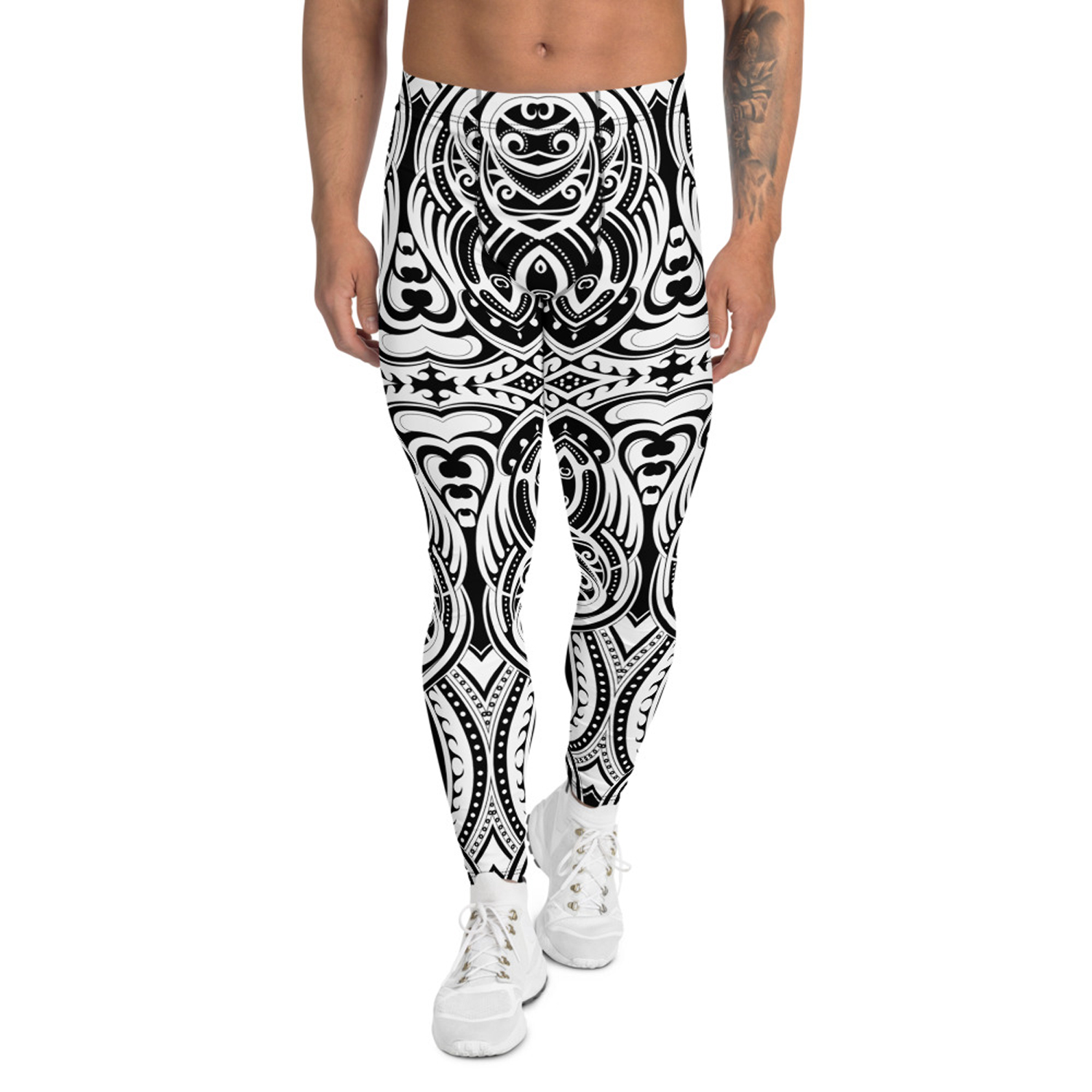 Men's Maori Tattoo Inspired Leggings showcasing unique design and high-performance fabric, ideal for various activities.