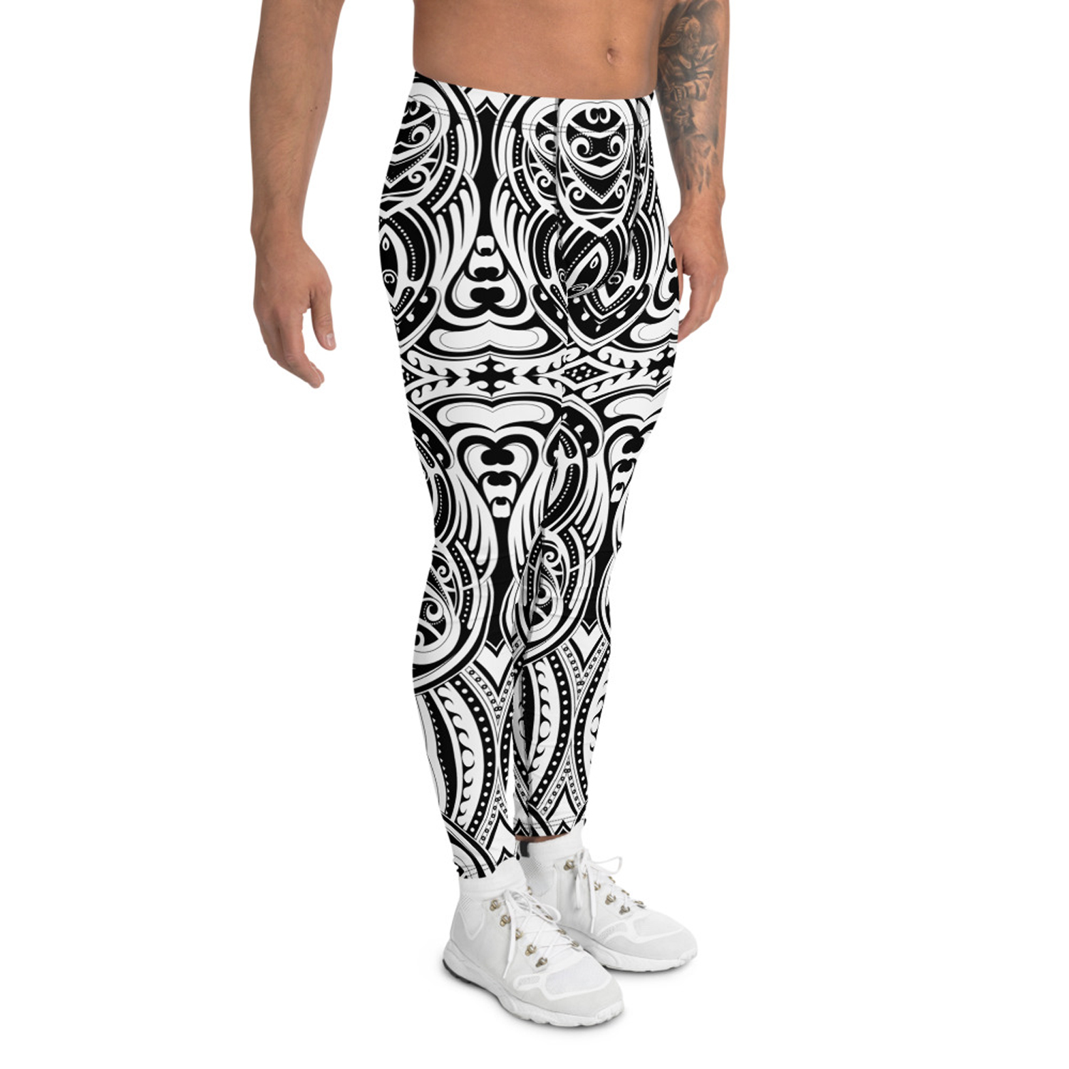 Men's Maori Tattoo Inspired Leggings showcasing unique design and high-performance fabric, ideal for various activities.