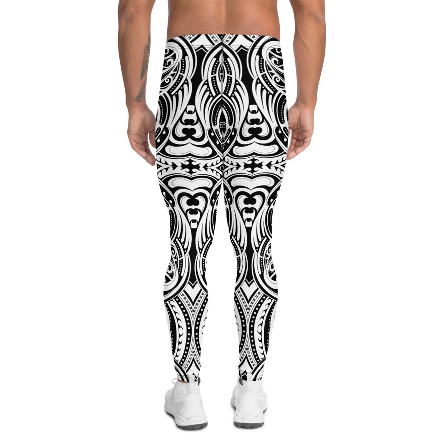 Men's Maori Tattoo Inspired Leggings showcasing unique design and high-performance fabric, ideal for various activities.