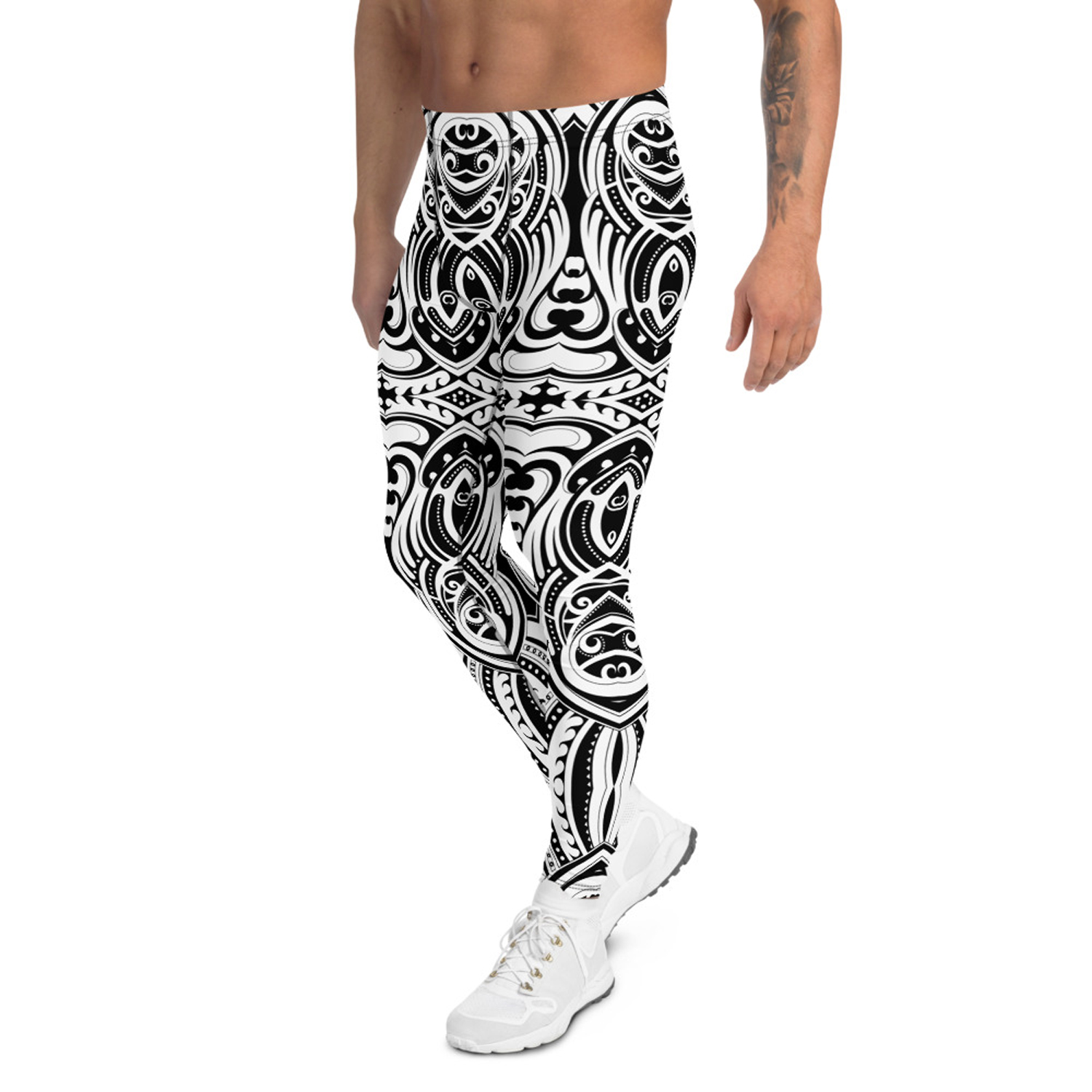 Men's Maori Tattoo Inspired Leggings showcasing unique design and high-performance fabric, ideal for various activities.