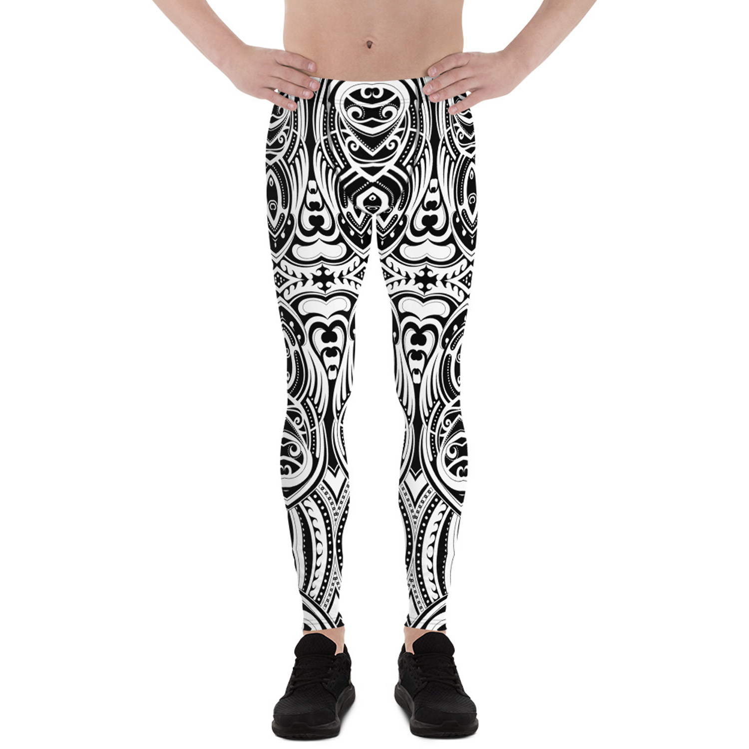 Men's Maori Tattoo Inspired Leggings showcasing unique design and high-performance fabric, ideal for various activities.