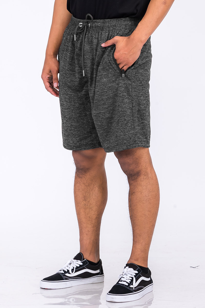 Marbled light weight active shorts featuring an elastic waist, drawstring, and zippered pockets in a stylish design.