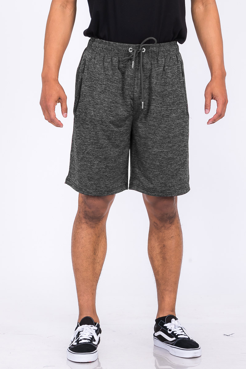 Marbled light weight active shorts featuring an elastic waist, drawstring, and zippered pockets in a stylish design.