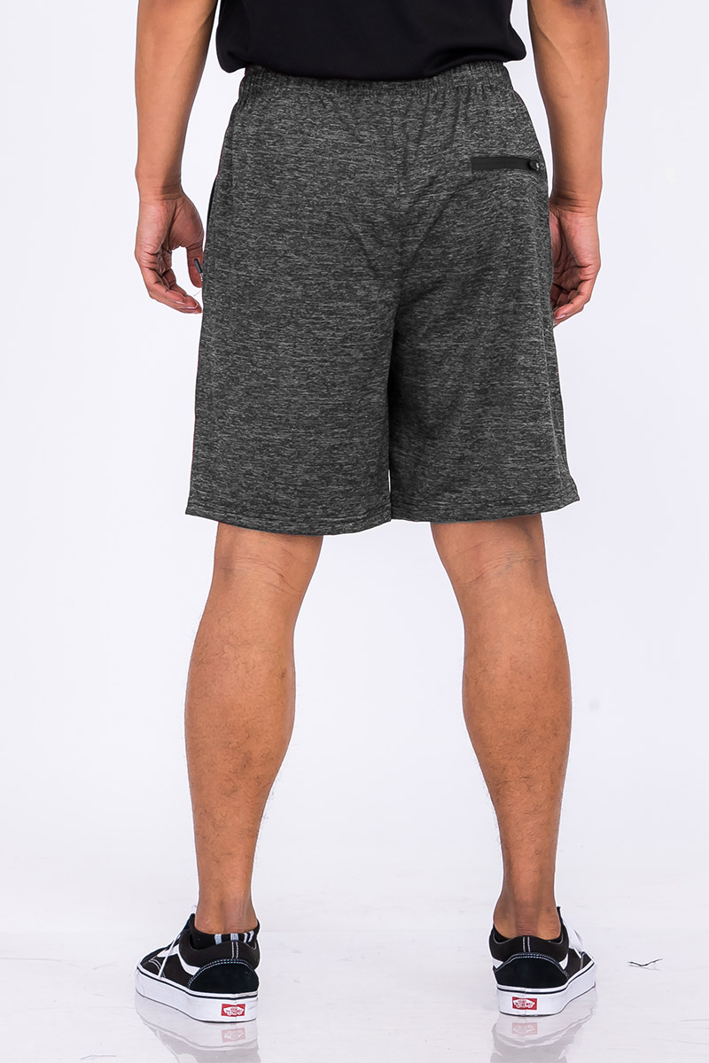 Marbled light weight active shorts featuring an elastic waist, drawstring, and zippered pockets in a stylish design.