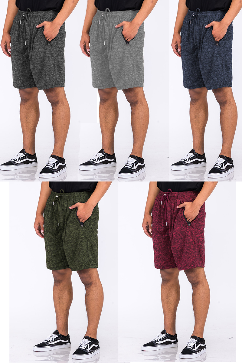 Marbled light weight active shorts featuring an elastic waist, drawstring, and zippered pockets in a stylish design.