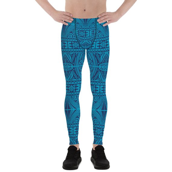 Men's Blue Tribal Maori Tattoo Leggings showcasing a vibrant tribal design, made from high-performance fabric for comfort and flexibility during workouts.