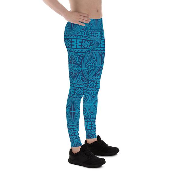 Men's Blue Tribal Maori Tattoo Leggings showcasing a vibrant tribal design, made from high-performance fabric for comfort and flexibility during workouts.