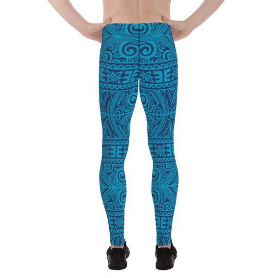 Men's Blue Tribal Maori Tattoo Leggings showcasing a vibrant tribal design, made from high-performance fabric for comfort and flexibility during workouts.