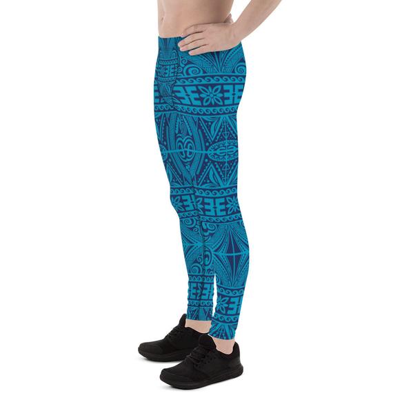 Men's Blue Tribal Maori Tattoo Leggings showcasing a vibrant tribal design, made from high-performance fabric for comfort and flexibility during workouts.