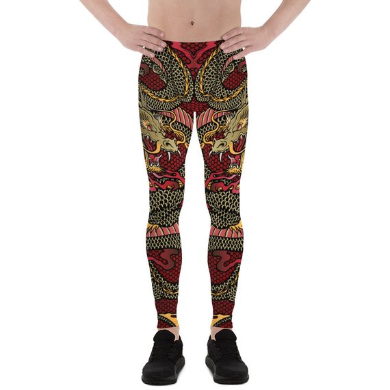 Men's Red Dragon Leggings showcasing a vibrant dragon print, made from a high-performance fabric blend for comfort and flexibility.