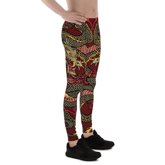 Men's Red Dragon Leggings showcasing a vibrant dragon print, made from a high-performance fabric blend for comfort and flexibility.