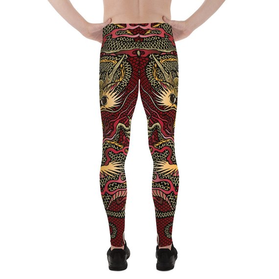 Men's Red Dragon Leggings showcasing a vibrant dragon print, made from a high-performance fabric blend for comfort and flexibility.