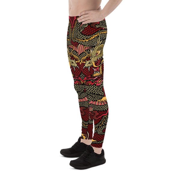 Men's Red Dragon Leggings showcasing a vibrant dragon print, made from a high-performance fabric blend for comfort and flexibility.