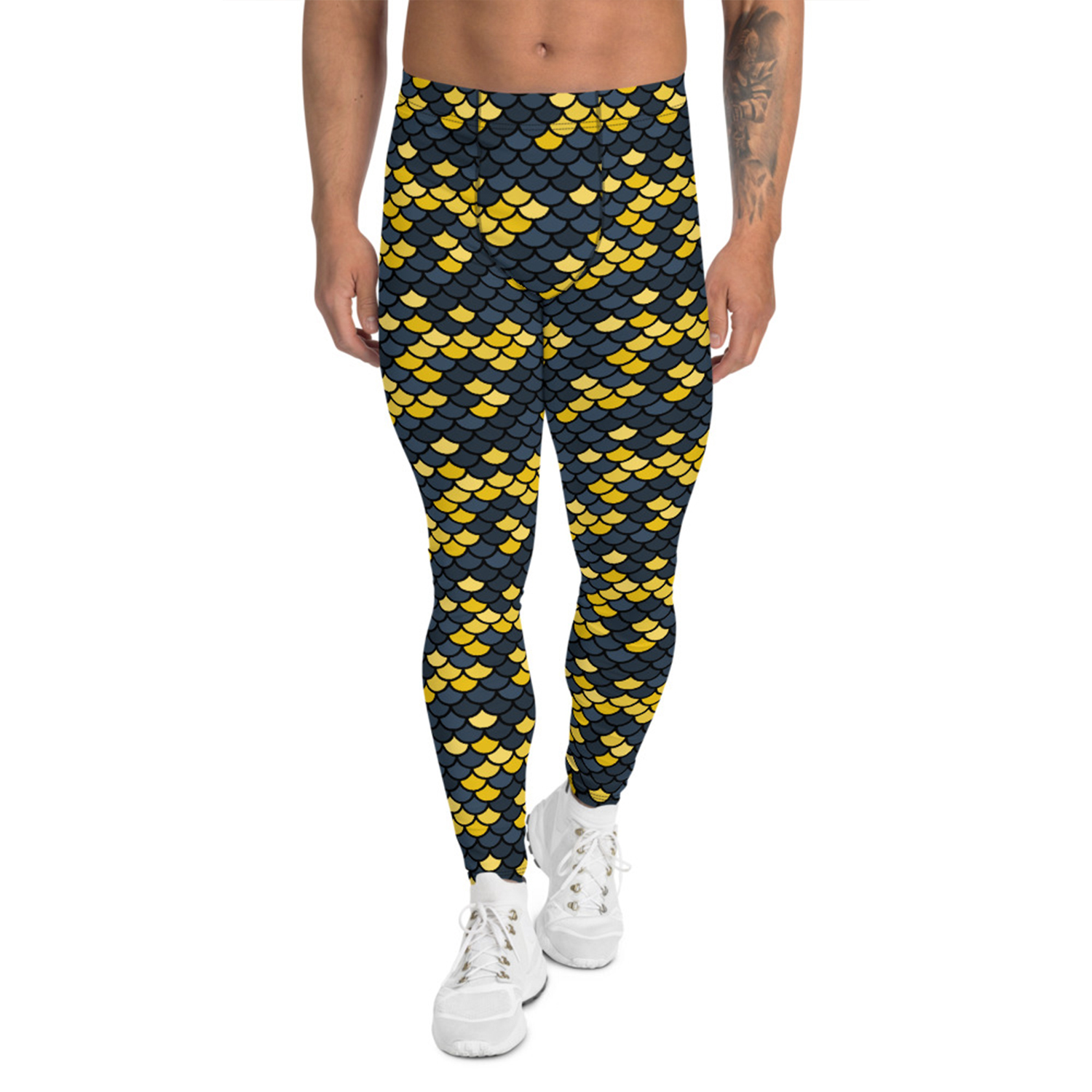 Merman Leggings for Men showcasing vibrant prints and a fitted design, made from high-performance moisture-wicking fabric for comfort and flexibility.