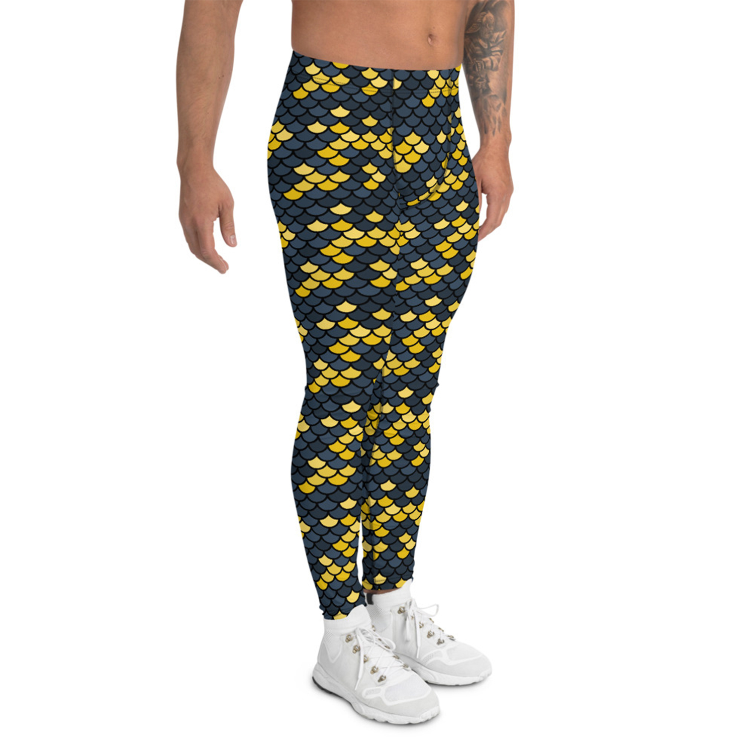 Merman Leggings for Men showcasing vibrant prints and a fitted design, made from high-performance moisture-wicking fabric for comfort and flexibility.