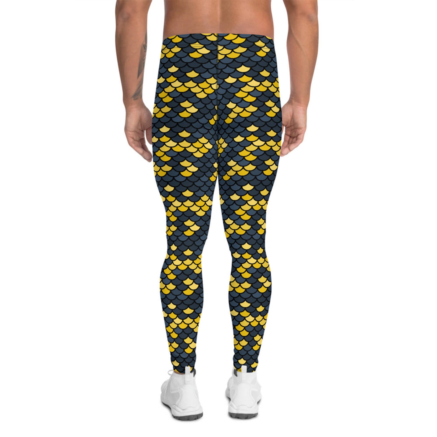 Merman Leggings for Men showcasing vibrant prints and a fitted design, made from high-performance moisture-wicking fabric for comfort and flexibility.