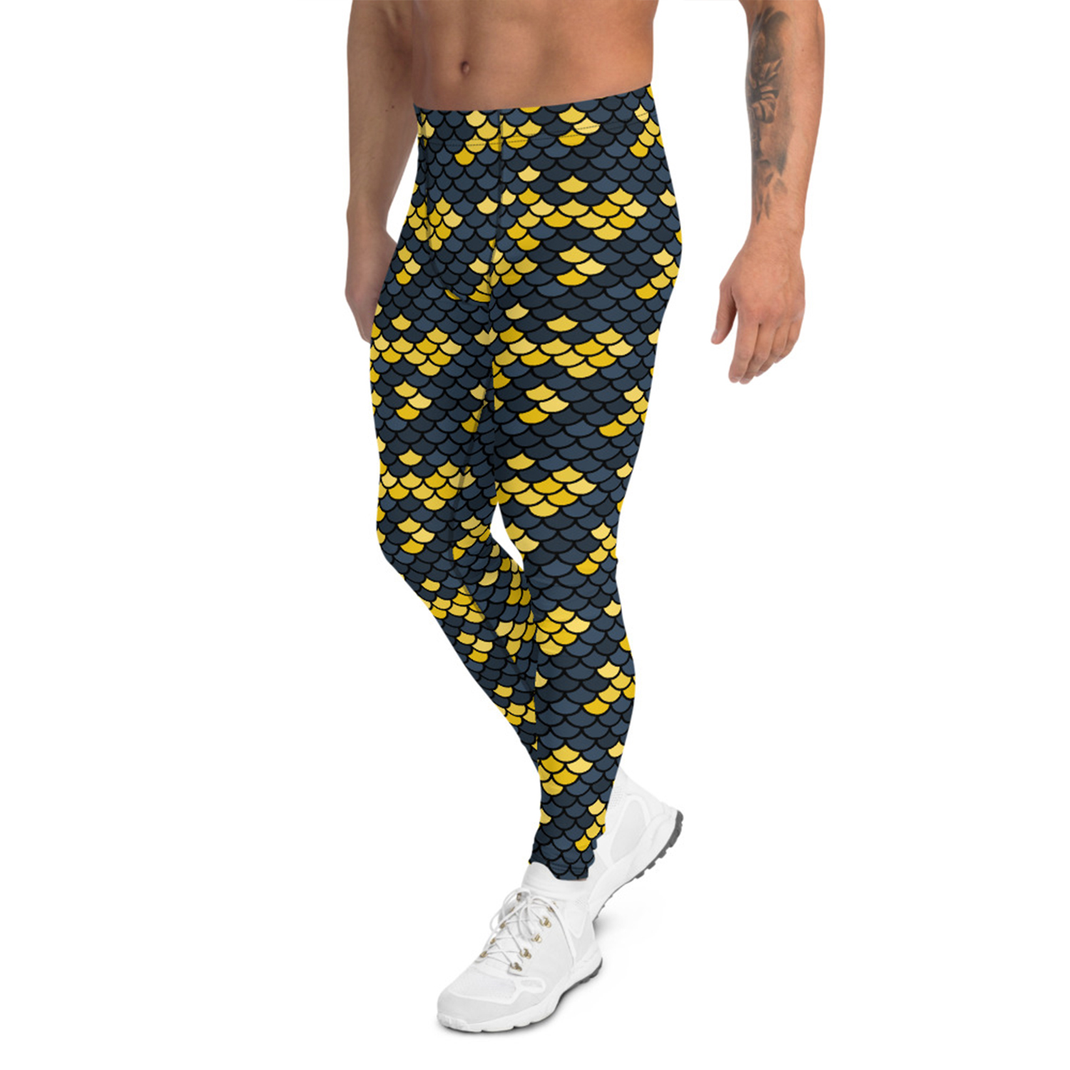 Merman Leggings for Men showcasing vibrant prints and a fitted design, made from high-performance moisture-wicking fabric for comfort and flexibility.