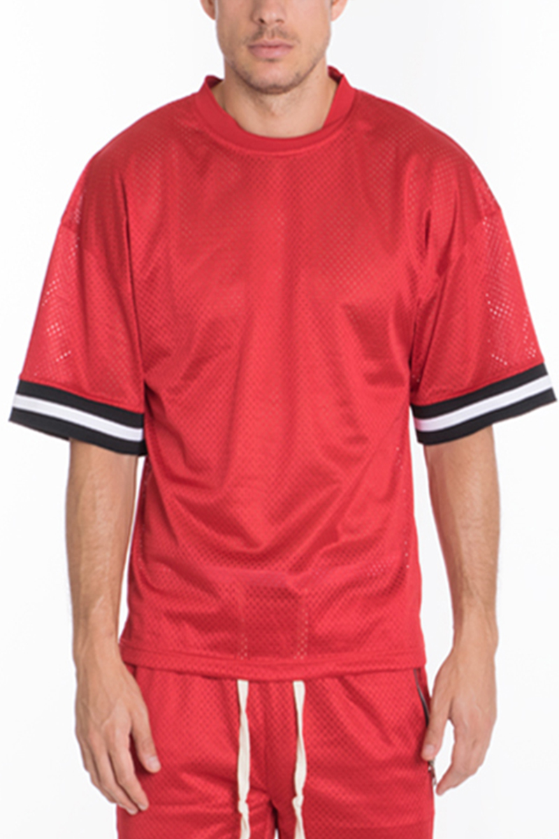 A stylish Mesh Jersey T-shirt featuring sleeve tape design, made of 65% cotton and 35% polyester, perfect for athletic activities.